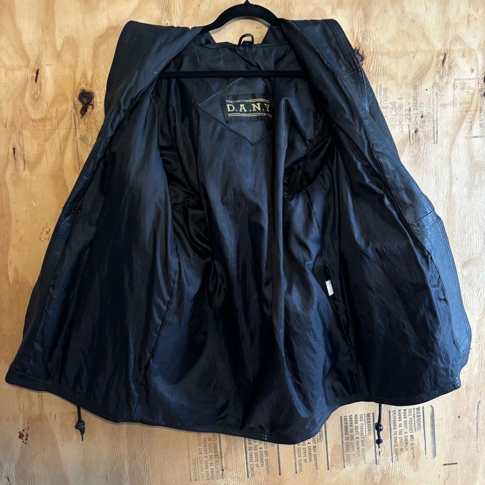 Vintage 90s D.A.N.Y Black Leather Lined Long Drawstring Jacket Coat Classic Sz S - Picture 2 of 9